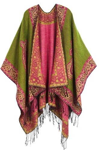 DiaryLook Ladies Printed Poncho Cape Reversible Oversized Shawl Wrap Open Front Cardigans for Women Red/Green
