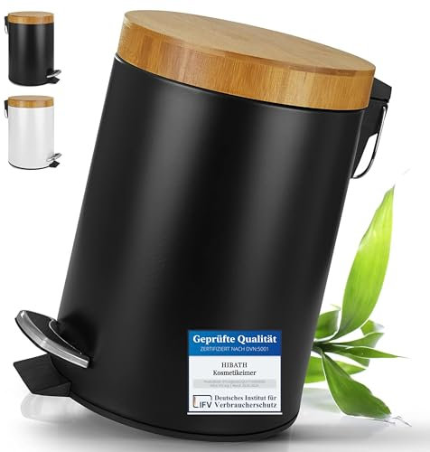 HIBATH® Poubelle de salle de bain, en acier inoxydable, avec couvercle en bambou, 5 l, noire, avec système d'abaissement automatique, poubelle pratique, poubelle WC