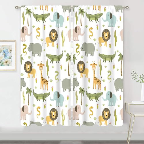 MESHELLY Kids Safari Curtains 42W X 63H Inch Rod Pocket Cute Cartoon Animals Baby Boy Nursery Bedroom Decor Woodland Jungle Lion Elephant Curtains for Children Living Room Window Drapes Fabric