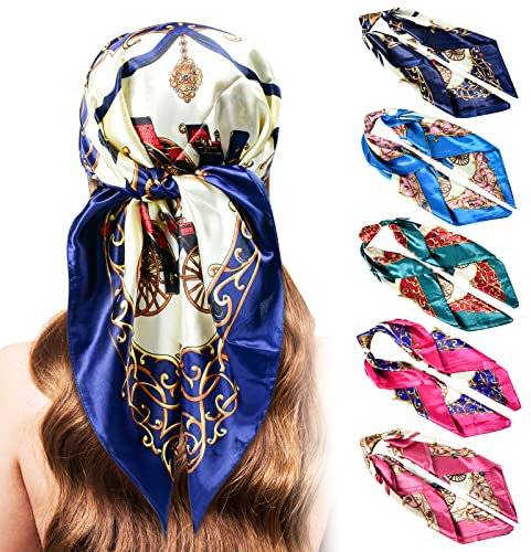 Stlvoll Lot de 5 grands foulards de tête en satin, foulard carré en soie pour dormir, 89 cm, 35*35 IN