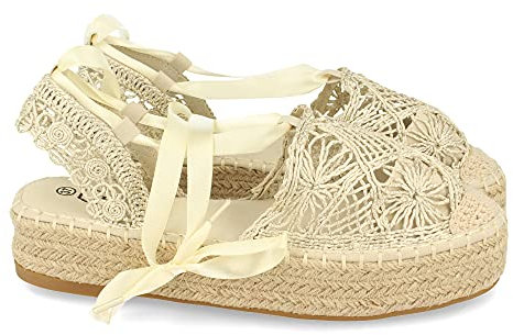 shoes&blues.es Sandalia Plana para Mujer, Forrada de Yute, con Pala Cerrada de Rafia, y Cierre de Cordones, Primavera Verano 2021. Talla 36 Beige
