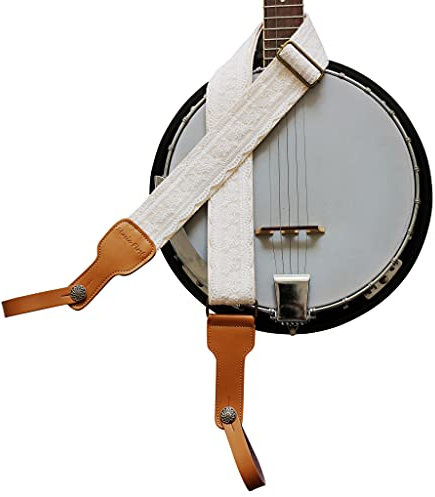 MUSIC FIRST Original Design, 2 inch width (5cm), Padded, White Graceful & VintageLace Soft Lace & Genuine Leather Delux Banjo Strap, With 2 pieces of MUSIC FIRST Leather Strap Locker.