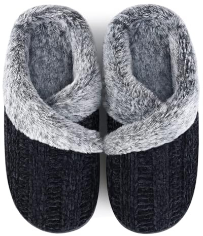 Homitem Fuzzy Slippers for Women Indoor and Outdoor Fluffy Bedroom House Shoes with Arch Support Memory Foam Winter Warm Ladeis Cute Comfy Cozy Black Size 7-8