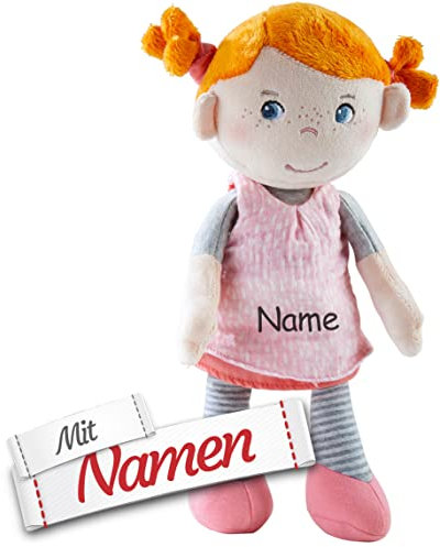 HABA Stoffpuppe Juna mit Namen Bestickt, Erste Baby Puppe zum kuscheln, Weiche Mädchen Rosa Kuschelpuppe, Kinder Geschenk-Idee Babypuppe als Taufgeschenk