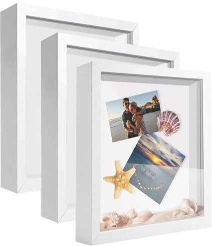 SUNMEG 20,3 x 25,4 cm Schattenbox-Rahmen-Vitrine, Holz mit Plexiglas, Vitrine für Erinnerungsstücke, Medaillen, Handwerk, Tickets und Fotos, Bilderrahmen für Wand und Tischplatte (3 Stück, Weiß, 20,3