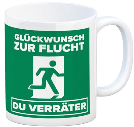 speecheese Glückwunsch zur Flucht du Verräter Kaffeebecher in grün witzige Kaffeetasse mit Notausgangsymbol Geschenk für Kollege zum Jobwechsel zur Verabschiedung oder zur Kündigung