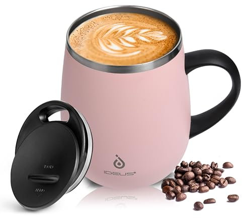 Ideus Coffee Mug 470ml (16oz), Double Wall Vacuum Insulated Stainless Steel Coffee & Tea Cup w/Non-Slip Handle & Slider Module Lid & Large Volume (Sakura)