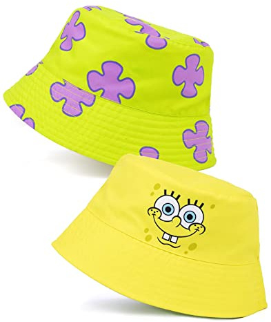 SPONGEBOB SQUAREPANTS Adults Bucket Hat | Yellow Reversible Sun Hat for Men & Women | Multicoloured Sponge Bob & Patrick Star Coral Character | Double-Sided Summer Headwear | Nostalgic Cartoon Gift