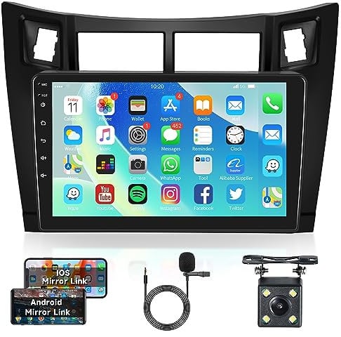 Android Autoradio 2 Din mit GPS Navi WiFi für Toyota Yaris 2005-2011 9 Zoll Touchscreen Autoradio mit Mirror Link Bluetooth FM/RDS Radio USB/OBD2/DAB+/DVR Lenkradsteuerung + Rückfahrkamera Mikrofon