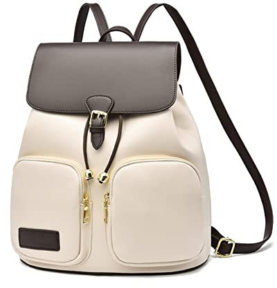 NICOLE & DORIS Frauen Rucksack Modern Rucksack Damen Elegant PU Leder Rucksackhandtaschen Anti Diebstahl Rucksäcke Cityrucksack Daypack für Reisen Freizeit Arbeit Beige mit Kaffee