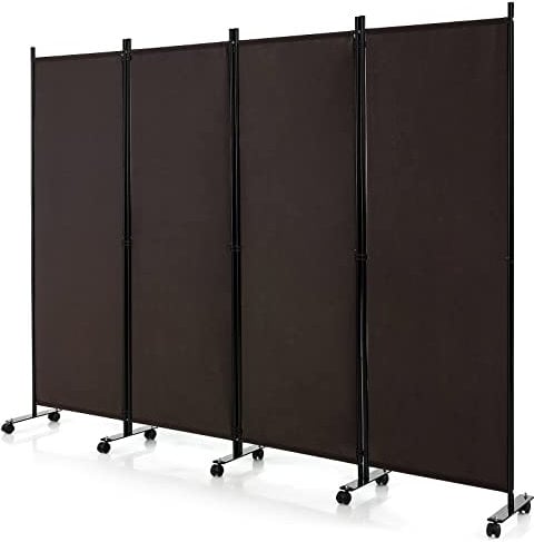 CASART Folding Room Dividers, 3/4 Panels Movable Protective Privacy Screens with Lockable Wheels, Steel Frame Portable Fabric Screen Room Partition for Home Office (4 Panels-224x30x172 cm, Brown)