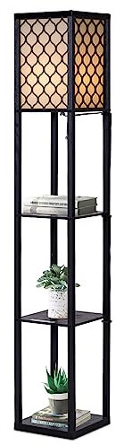 HOMASIS Lampadaire sur Pied Salon avec Étagères, Lampadaire Chambre Moderne avec Douille E27, Design Industriel, Étagères avec Lampe en Bois pour Salon, Chambre, Bureau, 26x26x160cm, Noir