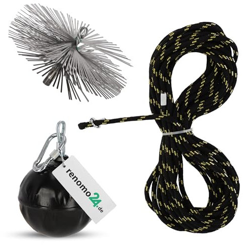 Renomo24 Schornsteinbesen Federstahl | Zuggewicht 1,9kg | Besengröße 300mm | Zugseil Länge 8m | Reinigungsset für effiziente Schornsteinpflege