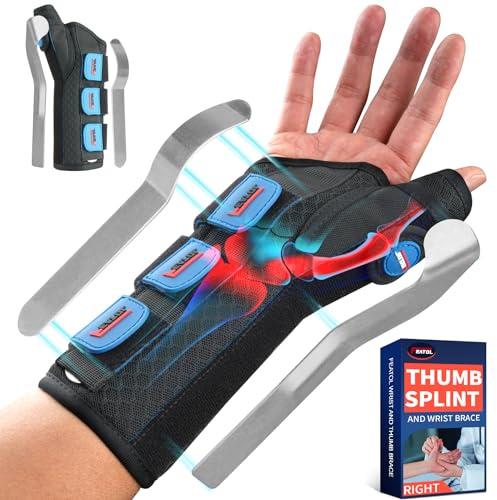 FEATOL Carpal Tunnel Wrist Brace Night Support, Thumb Spica Splint Right Hand for De Quervains Tenosynovitis, Tendonitis, Thumb Brace for Women Men, Black Blue, Small/Medium