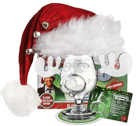 Schöne Bescherung Elchglas aus Glas National Lampoons Christmas Vacation Moose Mug offiziell lizensiert in Warner Brothers Fotobox mit Griswold Weihnachtsmütze wie im Film