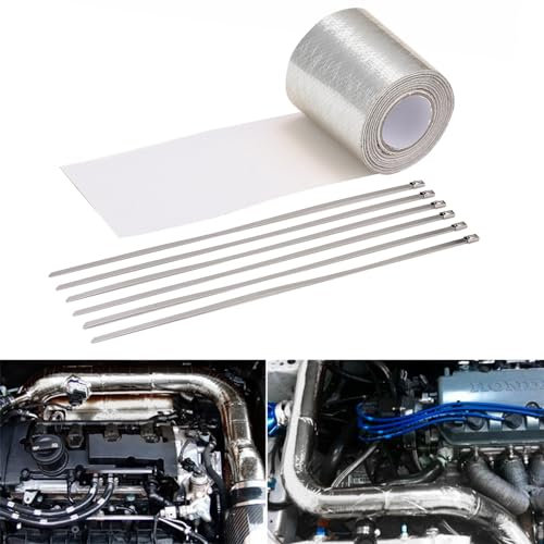 Blueshyhall Cinta de protección térmica para escape, 5 m x 5 cm, resistente al calor, soporta hasta 450 grados Celsius, cinta de escape autoadhesiva con 6 bridas para coche, moto, colector (plata)
