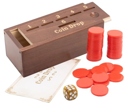 Extguds Münzspiel aus Holz, Penny-Spiel mit 50 Münzen, Spielbox und 1 Würfel für 2–6 Spieler. Ein lustiges Brettspiel für die Interaktion mit Familie und Freunden