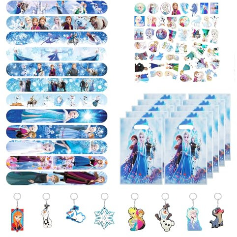 Gadget Compleanno Bambini Frozen, 82pcs Regalini Fine Festa Compleanno con Sacchetti Regalo Portachiavi Adesivi Braccialetti Slap, Mini Regali Compleanno Bambini, Elsa Gadget Compleanno per Bambina