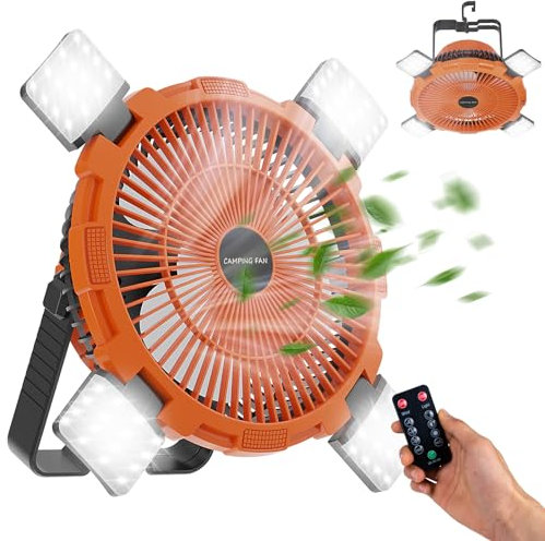 Qoosea Camping Ventilador 3 en 1 Carpa Camping Fan USB 8000mah carpa Recargable Ventilador de mesa de Ventilador de Techo con Gancho de Luz LED Control Remoto Ventilador Portátil al aire libre camión