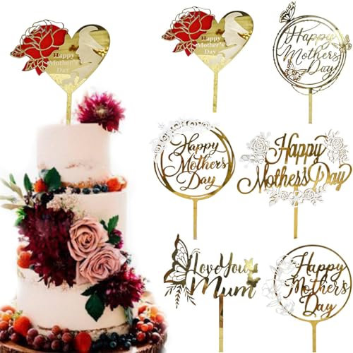 6 Pcs Happy Mother's Day Cake Topper, Glitter Gold White Heart Butterfly Rose Floral Cupcake Toppers for Mother's Day Mom's Birthday Party Decorations Supplies