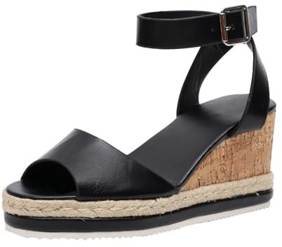 Trekkingschuhe Herren 2024 Sommer Sandalen mit Absatz für Damen Vintage-Stil lässig mit Keilabsatz Fischmaul-Schuhe Sommer einzeilige Schnalle Sandale Urlaub Trendiger Schuh K-085 Black 37.5