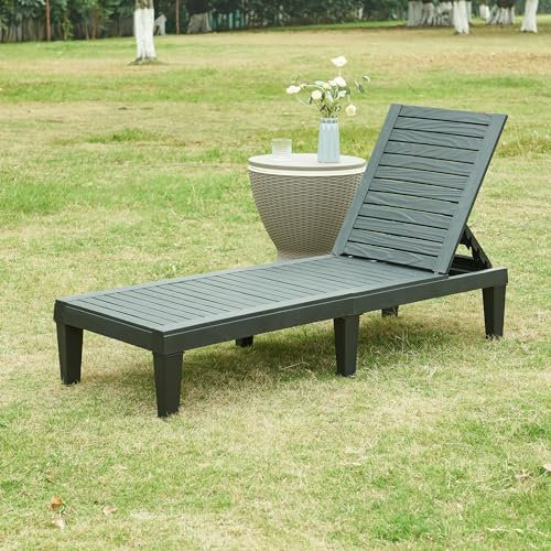 casa.pro Tumbona Jardín Exterior Respaldo Regulable en 5 Posiciones Cama Solar Simple para Terraza Piscina Independiente máx. 200 kg Plástico 172 x 58 x 74 cm - Negro Efecto Vetas de Madera