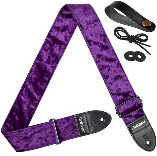 Amumu Gitarrengurt 5cm aus beflocktem Samt mit Enden aus Mikrofaserleder – Passend für Akustik-, Bass- und E-Gitarre – Verstellbar von 92 bis 160 cm – Lila