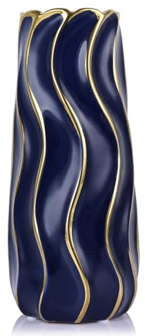 QIANLING 11.5 Blue and Gold Wavy Ceramic Vase - Large Pampas Grass Vase, Boho Decorative Centerpiece for Home Decor