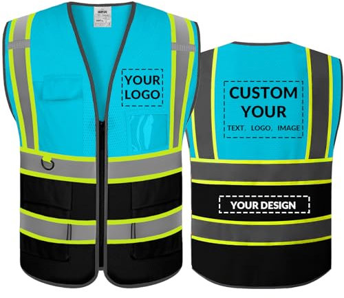 Shmimy Personalisierte Sicherheitsweste Warnweste mit Text oder Logo und 5 Mehreren Taschen Hohe Reflektivität Warnschutz Arbeitsweste Sicherheitsweste (Blau Schwarz-L)