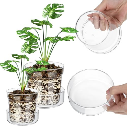 Baderke Anti Slip Clear Glass Plant Pots with Drainage Holes See The Roots Growth Vase for Plant Nursery Glass Planter for Indoor Plant Modern with Terrarium Saucer(2 Sets,4 Inch and 6 Inch)