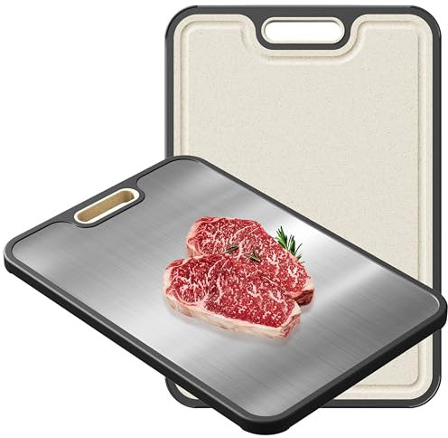 CPOTAM Stainless Steel Chopping Board, Cutting Board for Kitchen Double Sided 304 Stainless Steel/Wheat Straw Food-Grade Chopping Board for Meat and Veggies, Easy to Clean, 39 x 27cm