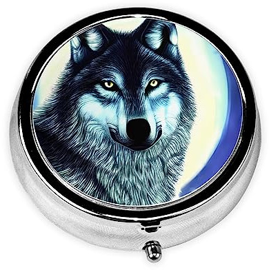 Dlxw Fashion Pillendose Aufbewahrungsbox, Tragbare Metall Pillendose mit Spiegel, einfach zu speichern Medikamente! Wolf unter Mond