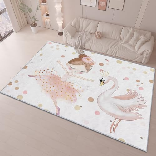 Teppich Wohnzimmer Schlafzimmer Cartoon Ballerina-MäDchen Schwan Waschbar Kurzflor Anti-Rutsch TPR Unterseite Langlebig Robuster Polyester Teppich Rechteckig Pflegeleicht, Weiß-120x170 cm