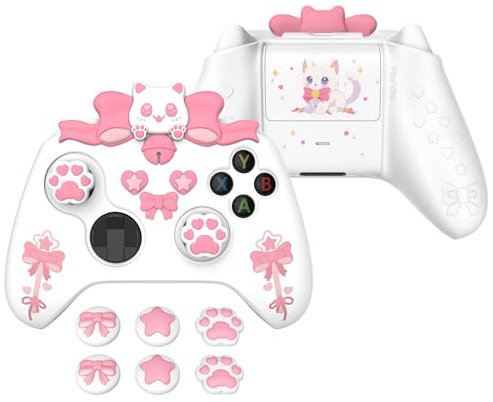 PlayVital Cute Schutzhülle für Xbox Series X/S Controller, rutschfeste Silikon Hülle Case Zubehör für Xbox Core Controller Skin mit Daumengriffkappen und Aufklebern(Sweetheart Kitty-Weiß)