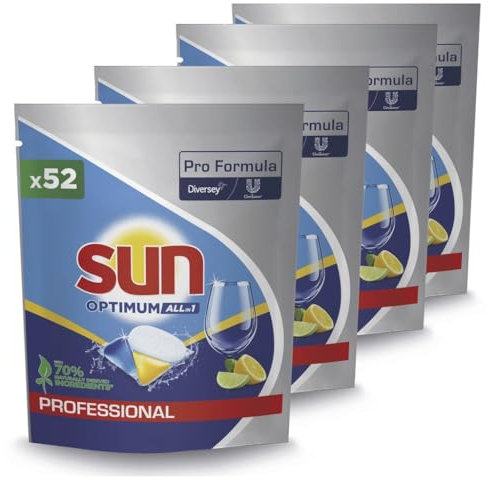 Sun Professional Optimum All in 1 - Spülmaschinenkapseln All in 1, mit Klarspüler und Salz, geeignet für Haushalts- und Gewerbegeschirrspüler - 4 x 52 Stk.
