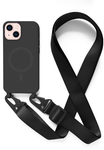 Leather Armor Handykette Hülle für iPhone 13 Mini(5.4) mit Band Halsband Lanyard (abnehmbar) Handyhülle, Verstellbarer Lanyard.Magnetisch Stoßfest Silikonhülle Wireless Charging kompatibel .-Schwarz