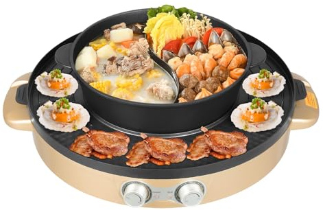 Elektrischer Hotpot, mit 2 unabhängigen Temperaturregler, Shabu-Shabu-Topf, elektrische Hotpot, geeignet für Studentenwohnheime und Heimanwendung (Gold)