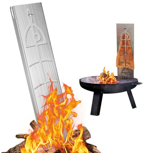 smtfcty Flammlachsbrett Edelstahl für Feuerschalen & Kugelgrills, 5-stufig verstellbares Grillbrett für Feuerschale bis 6 mm Wandstärk, Robustes Grillzubehör - 51cm lang und 12cm breit