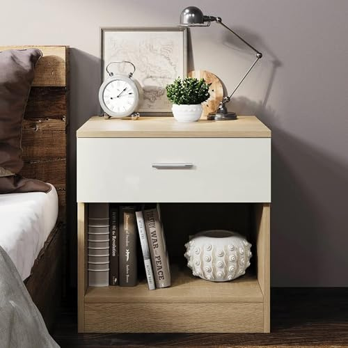 Comfy Living Modern Bedside Table with Drawer and Open Shelf, High Gloss, Bedroom Storage Table (Oak/Cream)