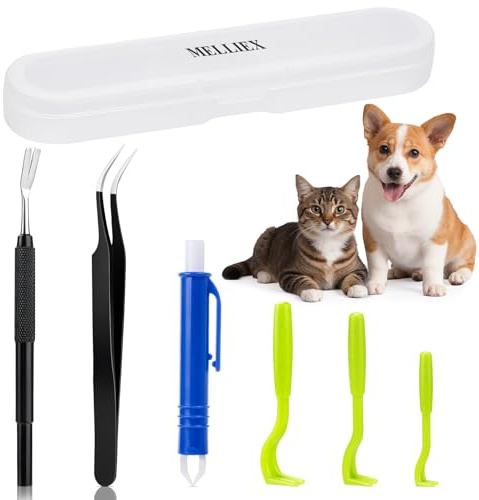 MELLIEX 6pcs Tire Tique Pince à Tiques en Acier Inoxydable, Tique Remover Stylo Anti-Tiqueet Crochet à Tiques en Plastique avec Boîte pour Chiens, Chats et Humain - Noir