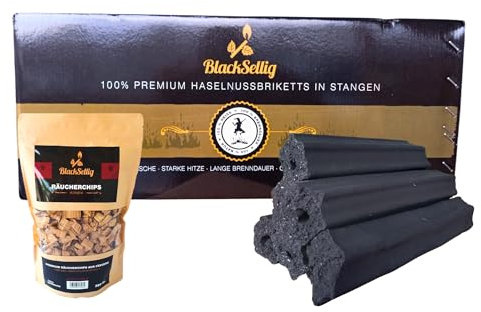 Blacksellig Haselnussbriketts 8kg – Reiner Naturbrennstoff aus der Türkei – wenig Asche, Starke Hitze, Lange Brenndauer – ohne Zusätze + 360g Smokerchips