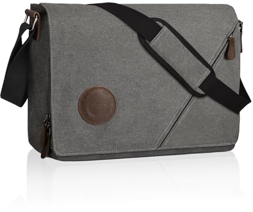 Eshow Umhängetasche Herren 14 Zoll Wasserabweisend, Laptoptasche Messenger Bag aus Echtleder und Canvas, Arbeitstasche Schultertasche Vintage für Arbeit Uni Freizeit Büro Grau
