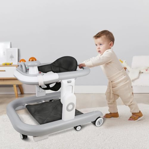 Trotteur Bébé réglable en Hauteur avec Roues Silencieuses, Trotteur Marche Bebe Pliable,6 roues, anti-chute,3 vitesses réglables,musique, plateau de service,Gris