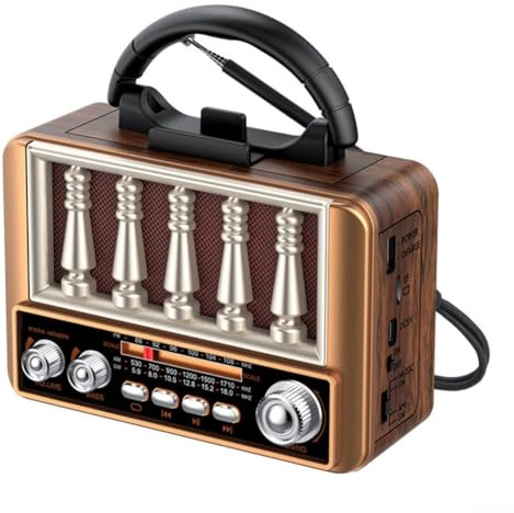 Radio portatile ricaricabile in stile retrò con bande AM FM SW, ingresso AUX, supporto USB e scheda TF e supporto per telefono integrato per un uso pratico (Browm)