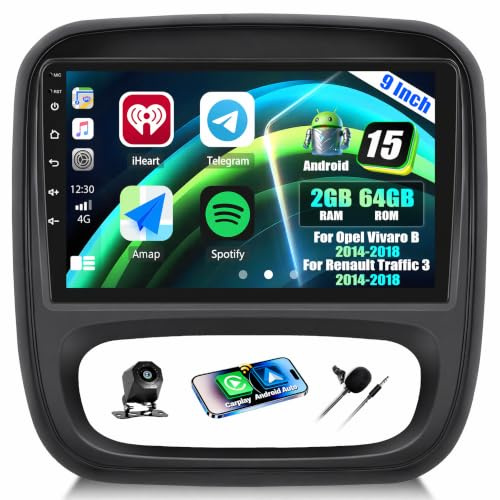 CAMECHO 2+64G 9 Zoll Navi Autoradio für Opel Vivaro B 2014-2018 Renault Traffic 3 2014-2021, Android 13 GPS Bluetooth Radio mit Wireless Carplay Android Auto FM RDS WIFI EQ Mirror Link +Rückfahrkamera