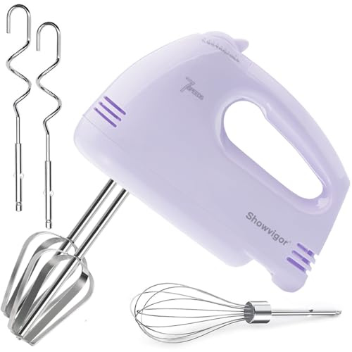 7-Speed Electric Hand Mixer, Stainless Steel Whisk for Baking, Purple | Turbo Boost Function, Equipped with 304 Stainless Steel Beaters & Dough Hooks, One-Button Eject, Low Noise Kitchen Mixer