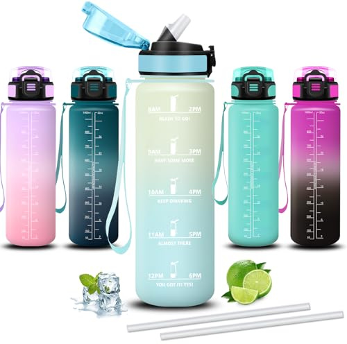 Mujigaga Borraccia 1 litro, Borraccia con Cannuccia, Senza Perdite, Borraccie Motivazionale, Facile da Pulire, Borraccie Graduata, Con Slogan Motivazionale, Borracce per Fitness, Campeggio, Palestra