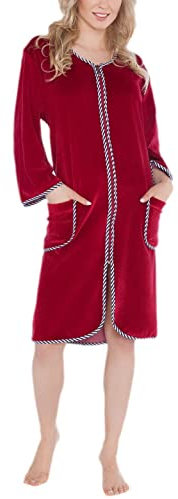 Aquarti Damen Velours Bademantel Morgenmantel Kurz mit Reißverschluss, Farbe: Weinrot, Größe: 5XL
