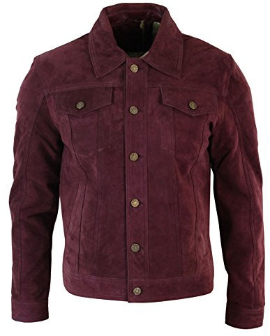 Mens Vintage Short Denim Style Retro Real Suede Leather Jean Jacket Casual Wine Green