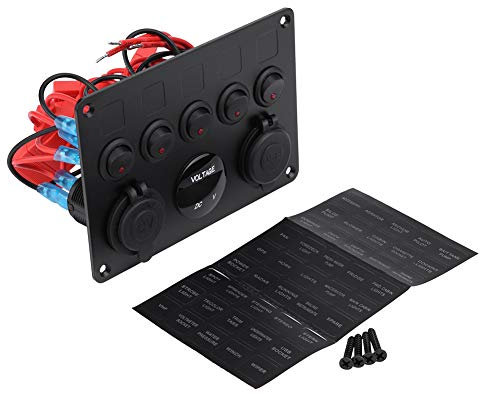 KIMISS 12-24V 5-Botón Panel Conmutador de Encendido/Apagado Voltímetro Dual USB para Coche Barco Marine Truck(Rojo)